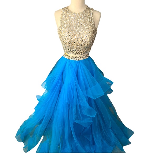 TWO PIECE Mesh Rhinestone Crop Top Prom Dress Full Skirt Blue Sz 12 - Picture 10 of 16